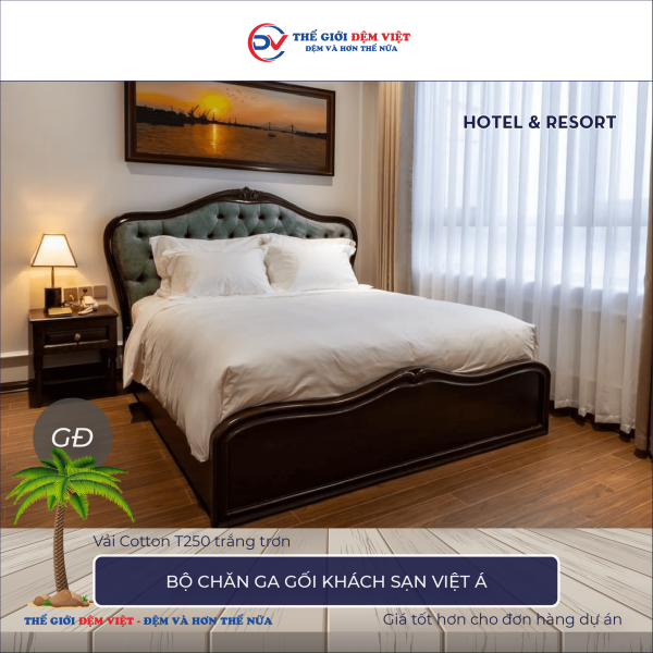 Bộ chăn ga gối khách sạn Việt Á vải Cotton T250 màu trắng trơn 8-4